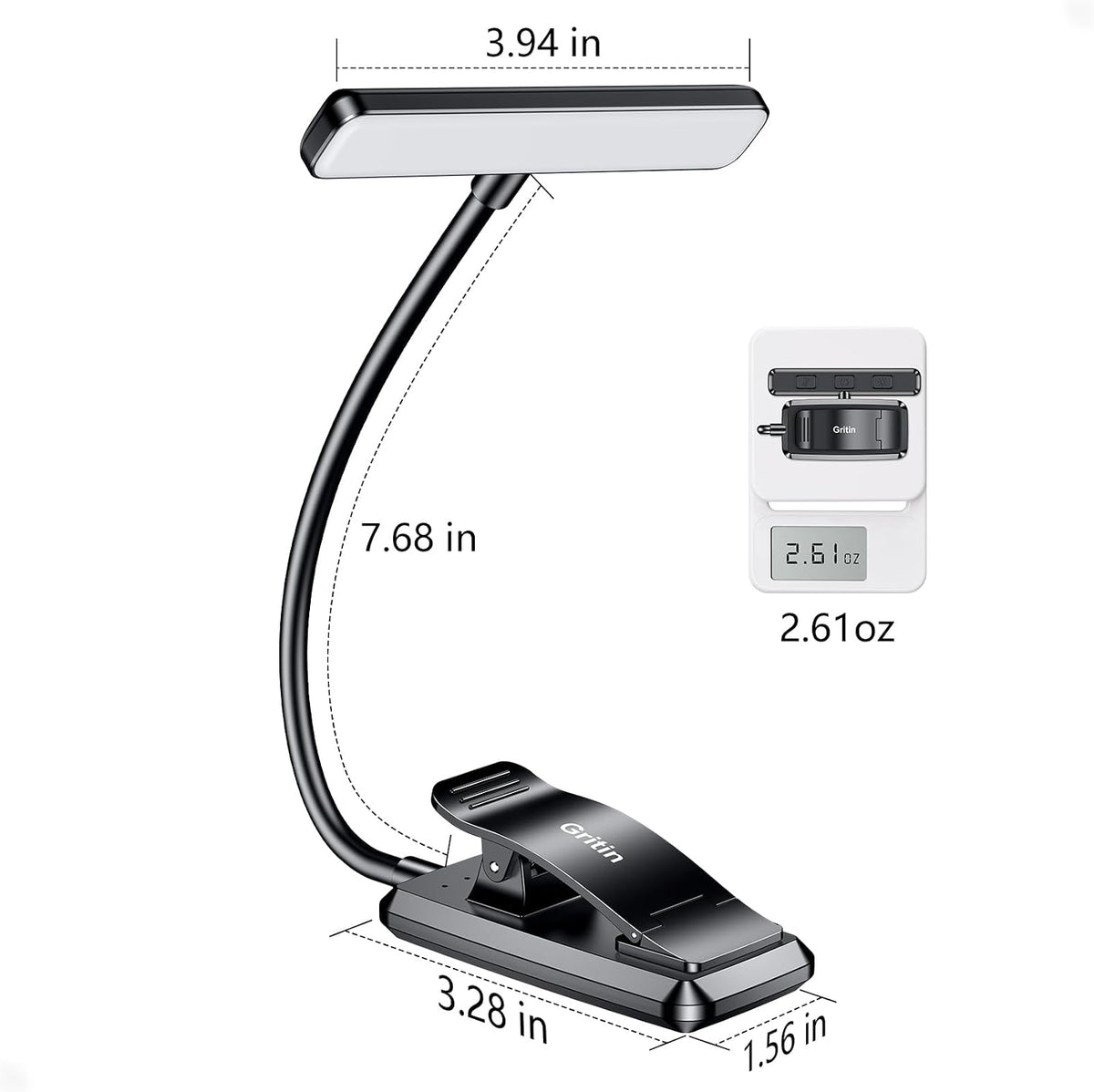 Gritin Lampe de Lecture 19LED Liseuse Clip Rechargeable Protection des Yeux | Gradation en Continu &3 Couleurs (Ambre/Blanc/Mixte), 360°Cou Flexible, Longue Durée, Légère&Portable pour Lire au Lit
