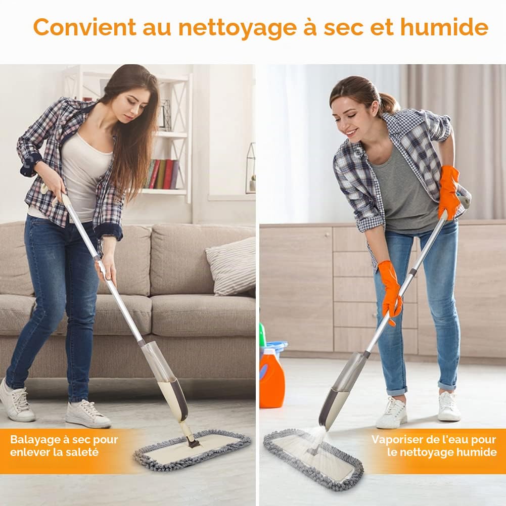 Balais Serpillère Vaporisateur, MEXERRIS Balai Lave Sol avec 2 Reservoirs | Spray Mop Professionnel Microfibre Mop Pulvérisateur pour la Maison, la Cuisine, Bois, Parquet, Stratifié, Bois, Carrelage