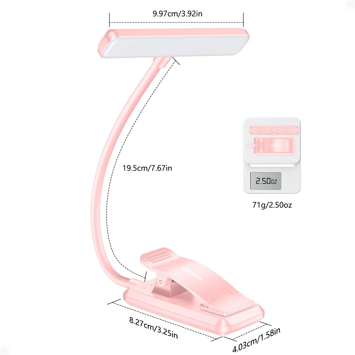 Gritin Lampe de Lecture 19LED Liseuse Clip Rechargeable Protection des Yeux | Gradation en Continu &3 Couleurs (Ambre/Blanc/Mixte), 360°Cou Flexible, Longue Durée, Légère&Portable pour Lire au Lit
