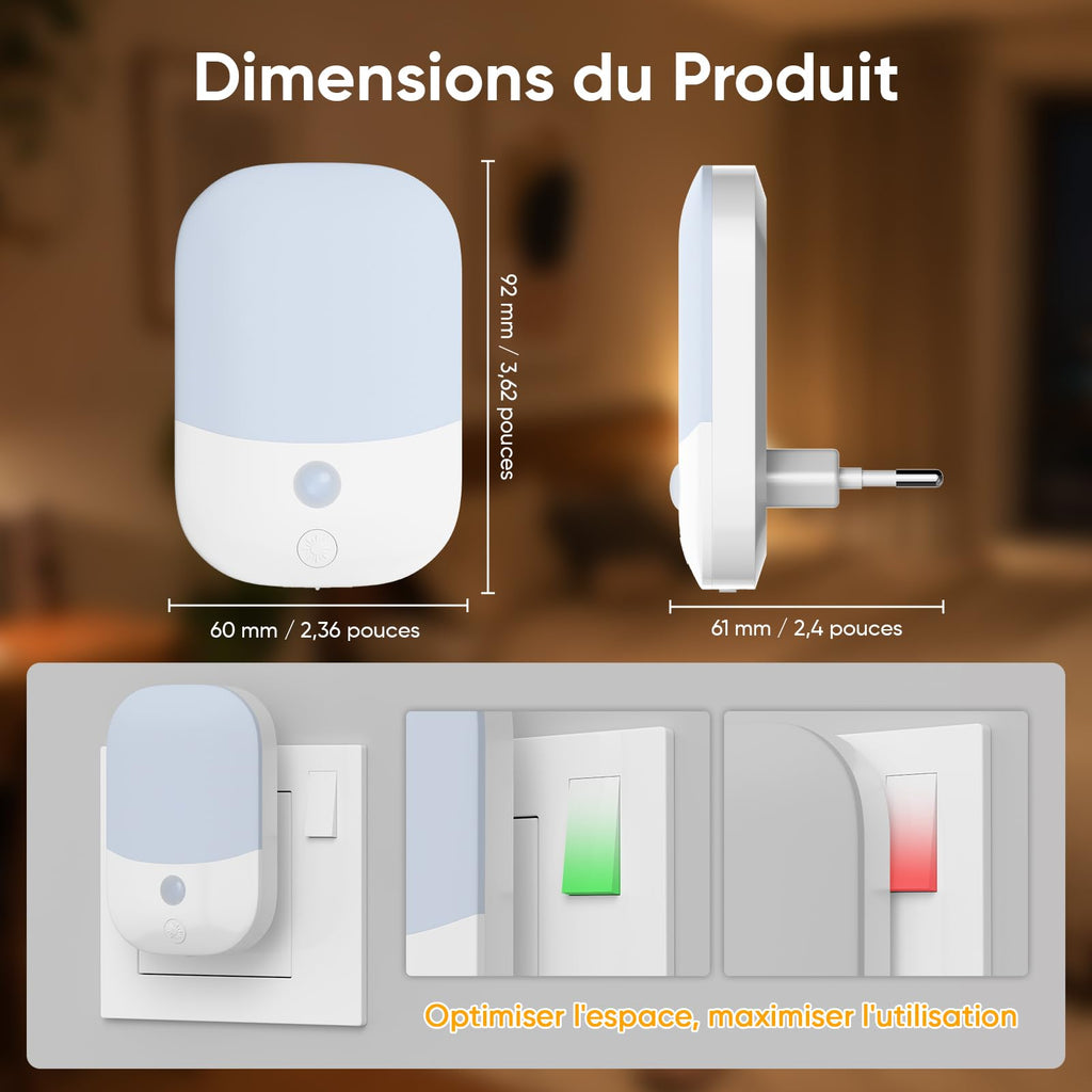 Suright Lot de 2 Veilleuses Enfant à Prise Murale, CAPTEUR LUMIÈRE INTELLIGENT, 5 Intensités Lumineuses, 3 Modes, Lumière Blanc Chaud, Lampe de Nuit Bébé pour Chambre, Escalier, Cuisine 0,3W