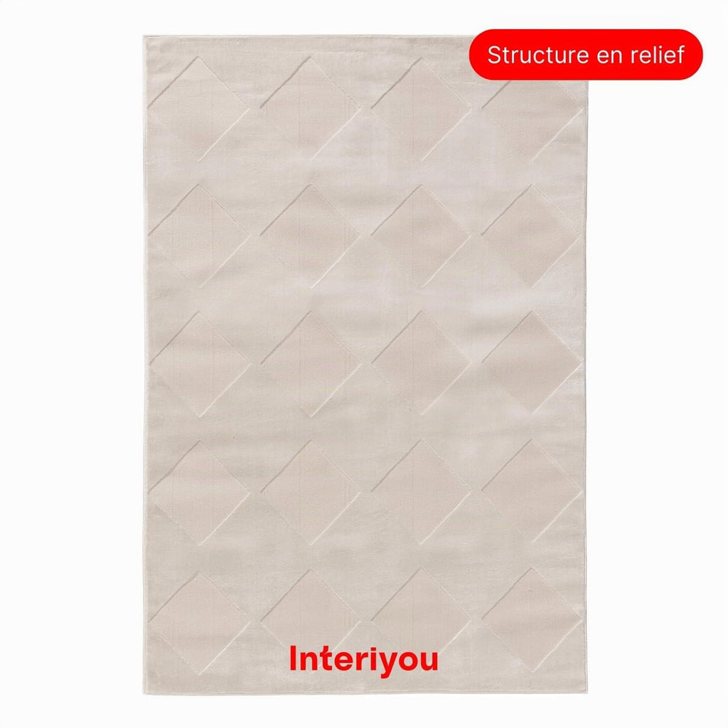 Interiyou Tapis Salon à Poils Courts Cannes - 120x170 Crème - Motif bohème scandinave avec Effet 3D - Plat et géométrique - Poil Ras pour Chambre, Couloir, Bureau
