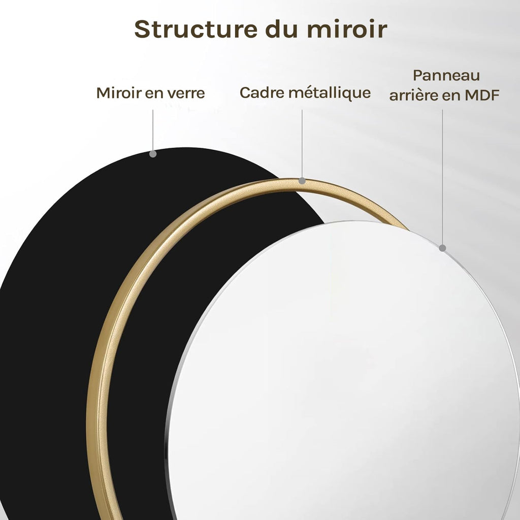 WOLTU Miroir Mural Rond, Miroir Salle de Bain, Ø50 cm, Doré | Cadre en Métal, Miroir Rond Décoratif pour Entrée, Chambre, Maquillage, Couloir, Moderne