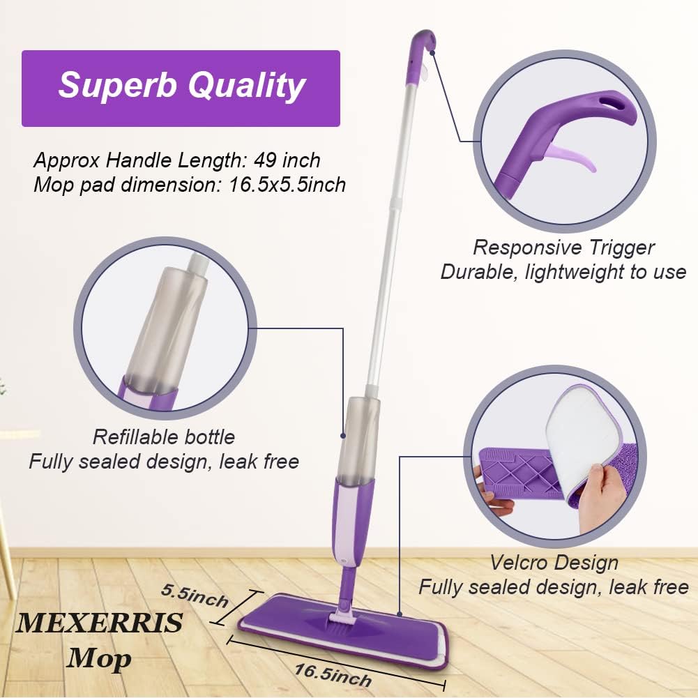 Balais Serpillère Vaporisateur, MEXERRIS Balai Lave Sol avec 2 Reservoirs | Spray Mop Professionnel Microfibre Mop Pulvérisateur pour la Maison, la Cuisine, Bois, Parquet, Stratifié, Bois, Carrelage