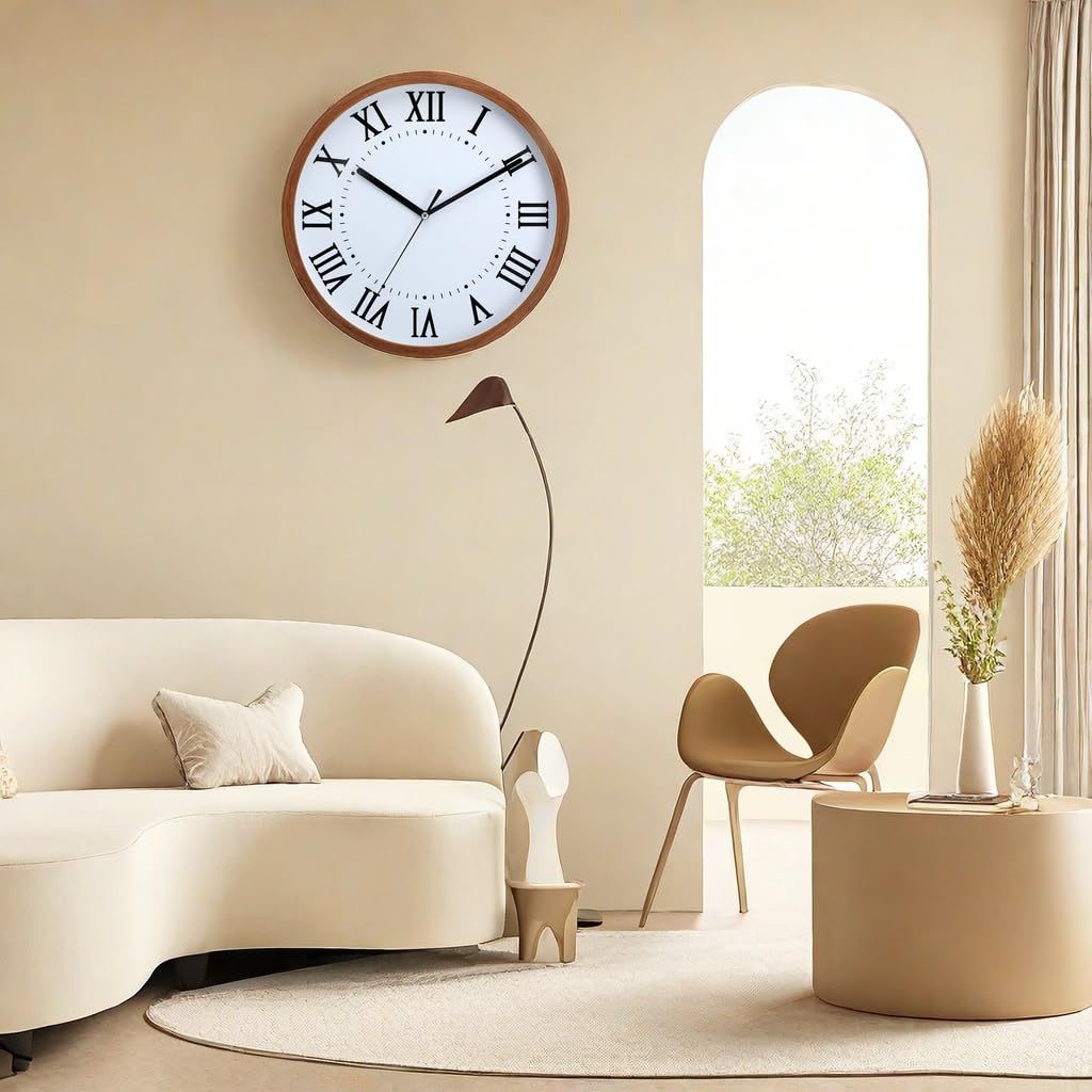 NUOVO Horloge Murale Ronde en Bois d'imitation de 30 cm, Salon, Chambre à Coucher, Cuisine, silencieuse, sans tiques, Horloge Murale rétro Minimaliste Moderne (30 cm 12 Pouces)