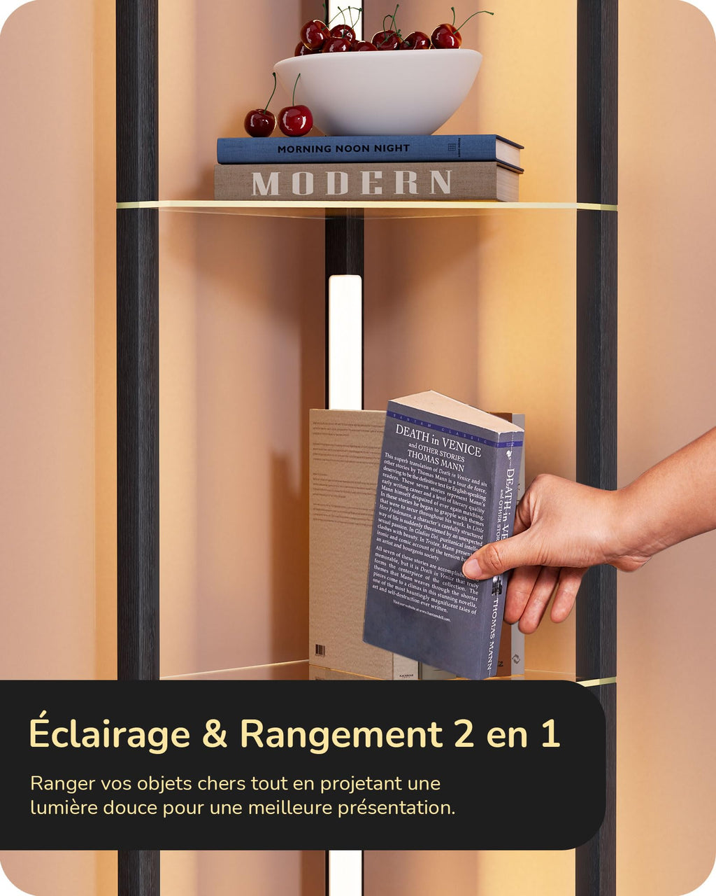 EDISHINE Lampadaire avec Étagère pour Salon, LED Dimmable, Noir | 3 Températures de Couleur, Lampadaire LED avec Tige Pivotante à 360°, Interrupteur au Pied, Étagère d’Angle Éclairée