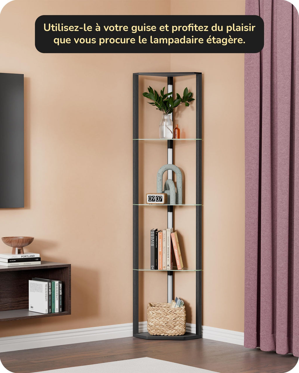 EDISHINE Lampadaire avec Étagère pour Salon, LED Dimmable, Noir | 3 Températures de Couleur, Lampadaire LED avec Tige Pivotante à 360°, Interrupteur au Pied, Étagère d’Angle Éclairée