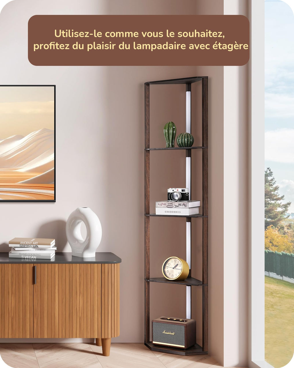 EDISHINE Lampadaire avec Étagère pour Salon, LED Dimmable, Noir | 3 Températures de Couleur, Lampadaire LED avec Tige Pivotante à 360°, Interrupteur au Pied, Étagère d’Angle Éclairée