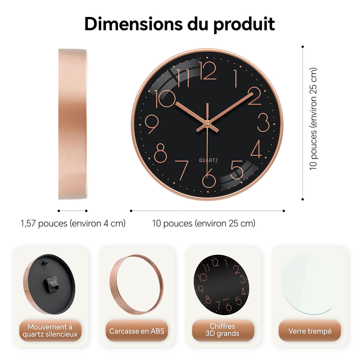 VIKMARI Horloge Murale 20 cm Moderne, Silencieuse, Or Rose, Cuisine, Salon | Décoration cuisine, horloge design moderne, grands chiffres 3D, silencieuse sans tic-tac, idéale pour salon et chambre