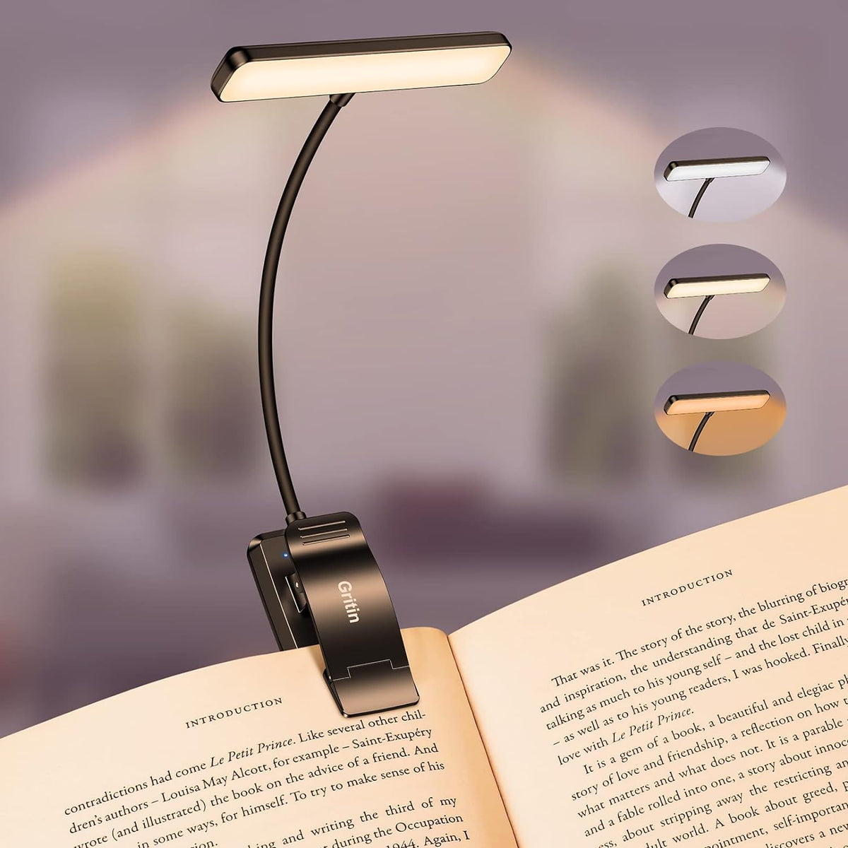Gritin Lampe de Lecture 19LED Liseuse Clip Rechargeable Protection des Yeux | Gradation en Continu &3 Couleurs (Ambre/Blanc/Mixte), 360°Cou Flexible, Longue Durée, Légère&Portable pour Lire au Lit