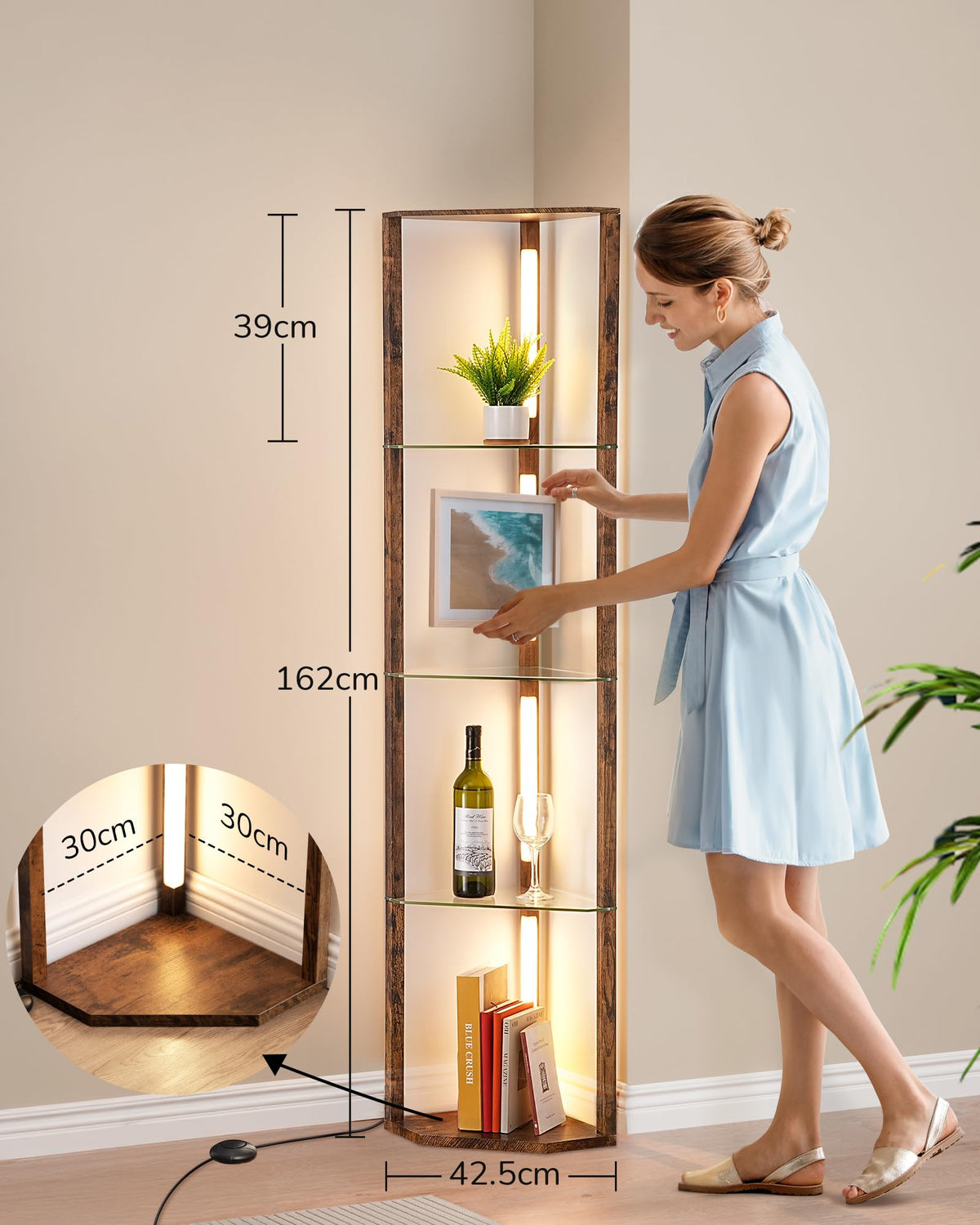 EDISHINE Lampadaire avec Étagère pour Salon, LED Dimmable, Noir | 3 Températures de Couleur, Lampadaire LED avec Tige Pivotante à 360°, Interrupteur au Pied, Étagère d’Angle Éclairée