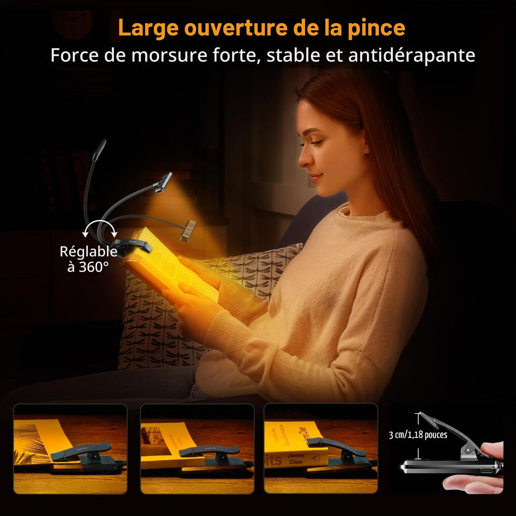 Gritin Lampe de Lecture 19LED Liseuse Clip Rechargeable Protection des Yeux | Gradation en Continu &3 Couleurs (Ambre/Blanc/Mixte), 360°Cou Flexible, Longue Durée, Légère&Portable pour Lire au Lit