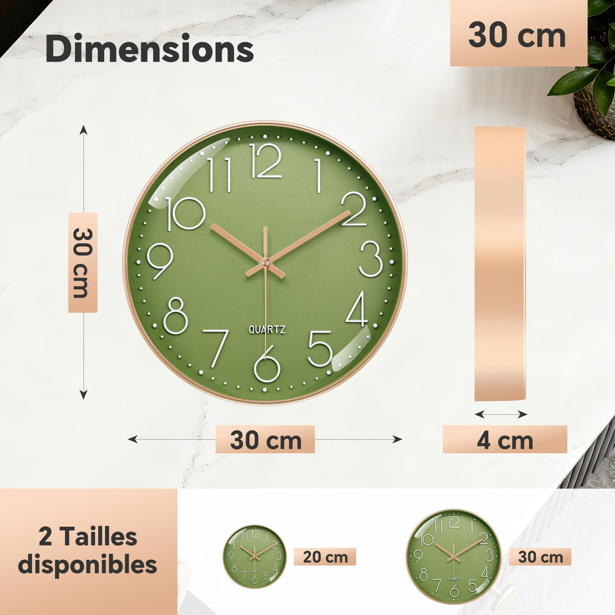 VIKMARI Horloge Murale 20 cm Moderne, Silencieuse, Or Rose, Cuisine, Salon | Décoration cuisine, horloge design moderne, grands chiffres 3D, silencieuse sans tic-tac, idéale pour salon et chambre