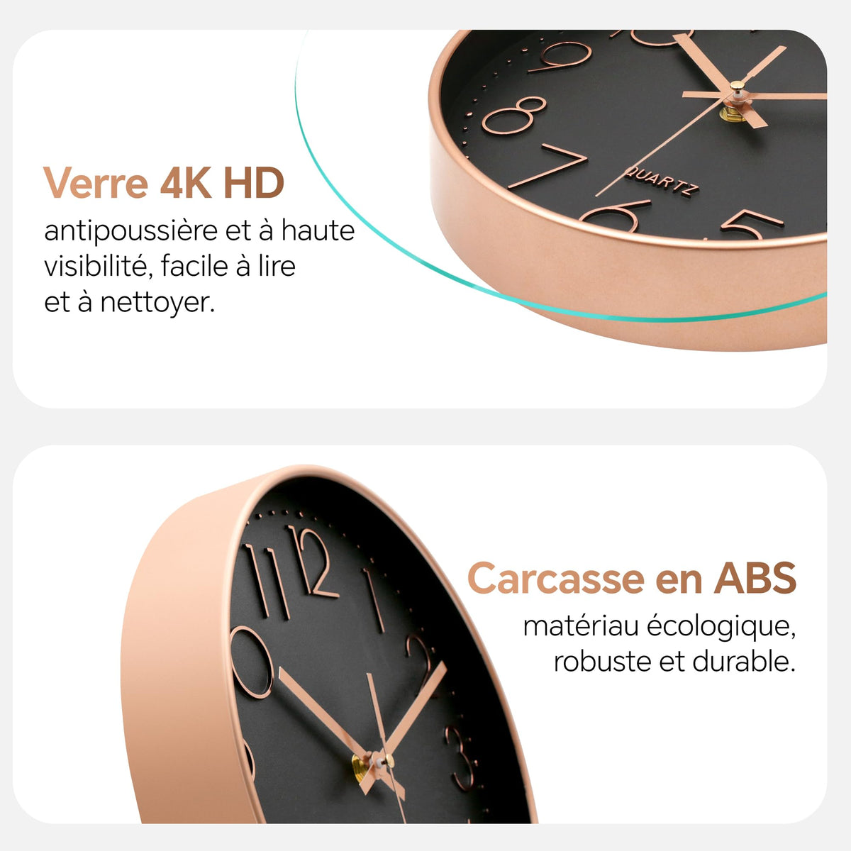 VIKMARI Horloge Murale 20 cm Moderne, Silencieuse, Or Rose, Cuisine, Salon | Décoration cuisine, horloge design moderne, grands chiffres 3D, silencieuse sans tic-tac, idéale pour salon et chambre