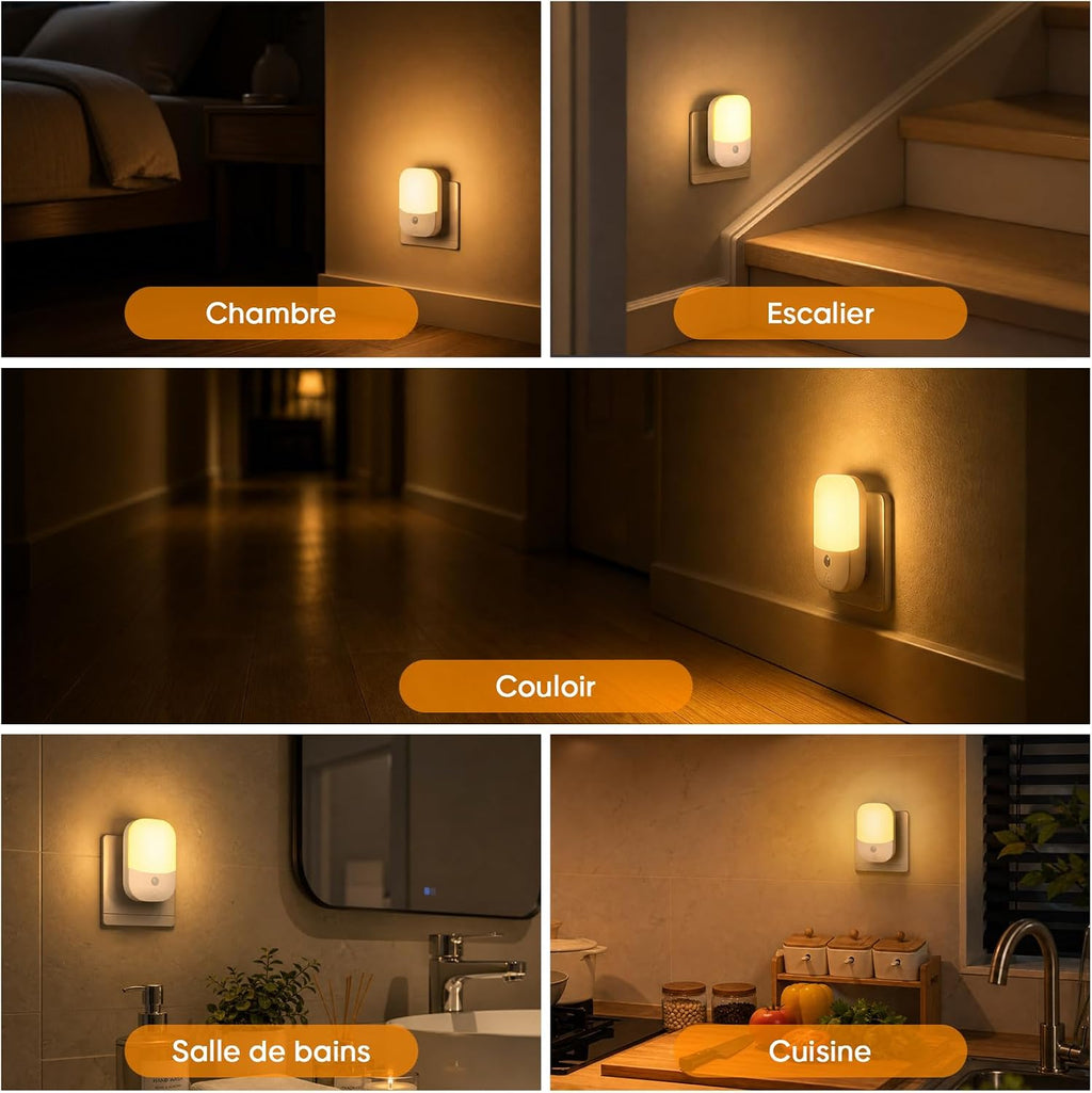 Suright Lot de 2 Veilleuses Enfant à Prise Murale, CAPTEUR LUMIÈRE INTELLIGENT, 5 Intensités Lumineuses, 3 Modes, Lumière Blanc Chaud, Lampe de Nuit Bébé pour Chambre, Escalier, Cuisine 0,3W