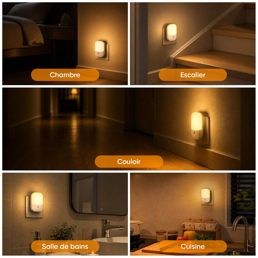 Suright Lot de 2 Veilleuses Enfant à Prise Murale, CAPTEUR LUMIÈRE INTELLIGENT, 5 Intensités Lumineuses, 3 Modes, Lumière Blanc Chaud, Lampe de Nuit Bébé pour Chambre, Escalier, Cuisine 0,3W
