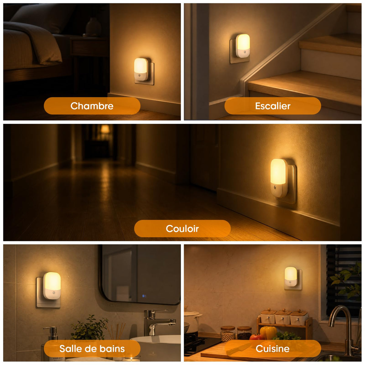 Suright Lot de 2 Veilleuses Enfant à Prise Murale, CAPTEUR LUMIÈRE INTELLIGENT, 5 Intensités Lumineuses, 3 Modes, Lumière Blanc Chaud, Lampe de Nuit Bébé pour Chambre, Escalier, Cuisine 0,3W