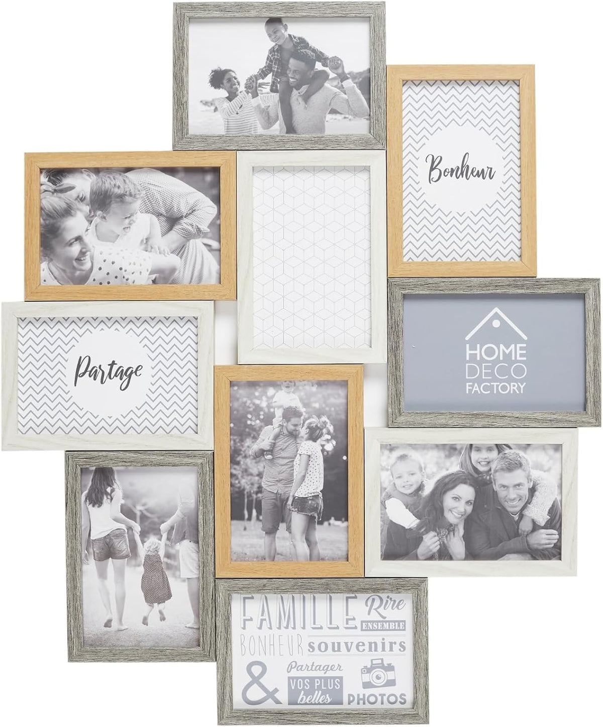 HOME DECO FACTORY Cadre Photos Pêle-Mêle 10 Vues Bois et Blanc Marron | Bois et verre, cadre photos pêle-mêle, 10 vues, design bicolore, décoration souvenirs, fixation murale, beige et marron