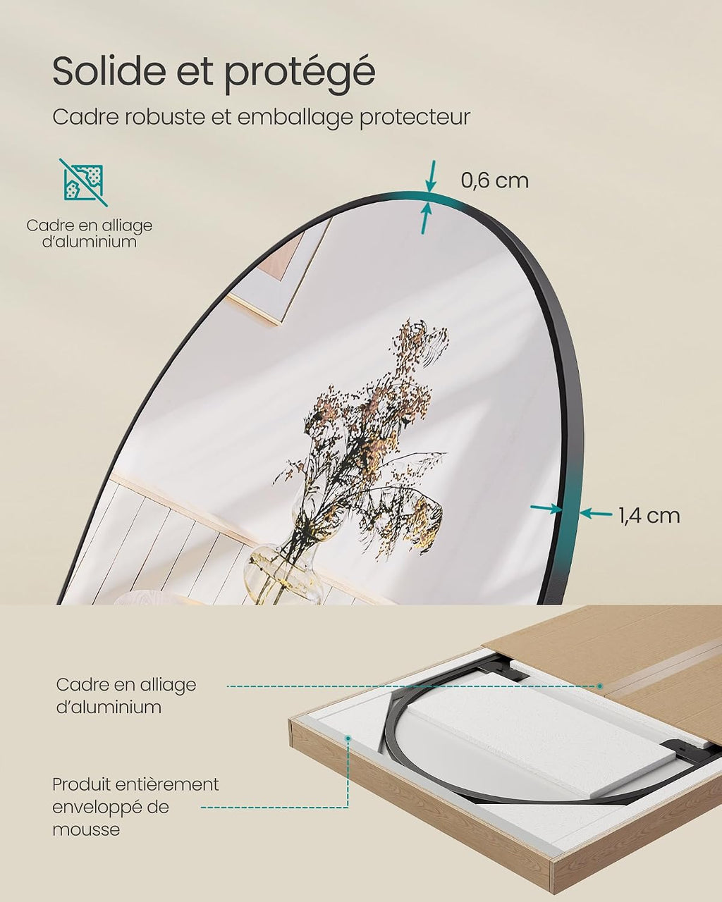 SONGMICS Miroir Intégral, 160 x 50 cm, Miroir Arqué sur Pied, à Poser au Sol, Cadre en Alliage d’Aluminium, Verre Trempé, pour Chambre, Salon, Dressing, Noir d'encre LFM031B01 | Cadre en alliage d'aluminium pour chambre à coucher, salon, vestiaire, noir m