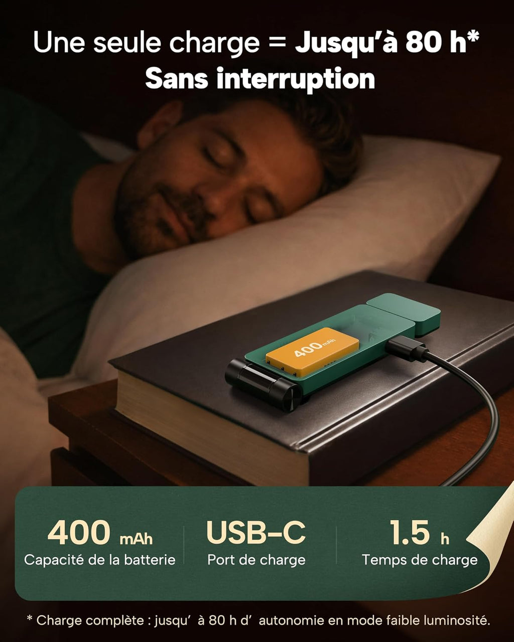 86lux Lampe de Lecture Rechargeable Liseuse LED USB-C, Vert | Lampe à Pince Marque-Page avec 3 Températures de Couleur, Jusqu'à 80H d'Autonomie