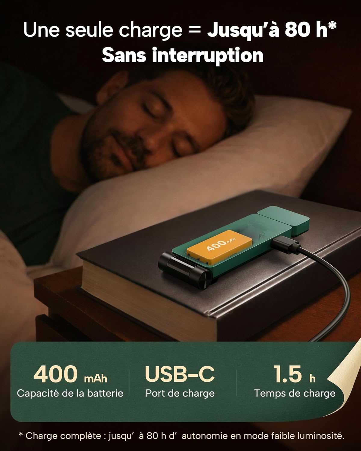86lux Lampe de Lecture Rechargeable Liseuse LED USB-C, Vert | Lampe à Pince Marque-Page avec 3 Températures de Couleur, Jusqu'à 80H d'Autonomie