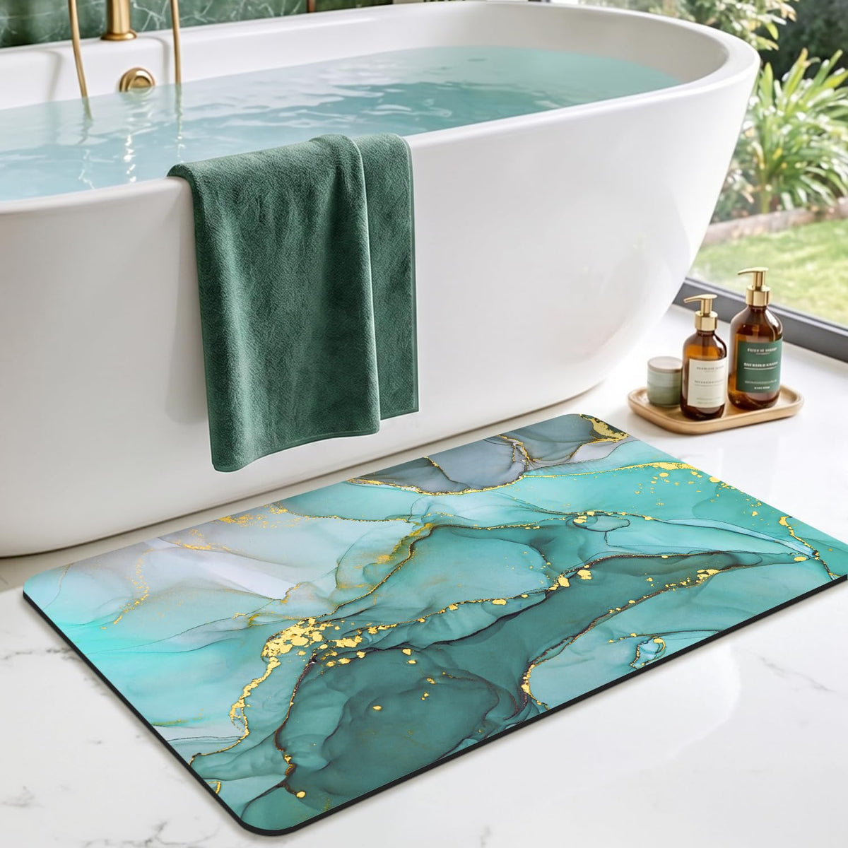 DEXI Tapis de Bain Antidérapant Ultra Mince 40x60cm Noir | Super Absorbant, Sèche Rapide, Motif Marbre Moderne, Facile à Nettoyer, pour Salle de Bain, Baignoire et Douche