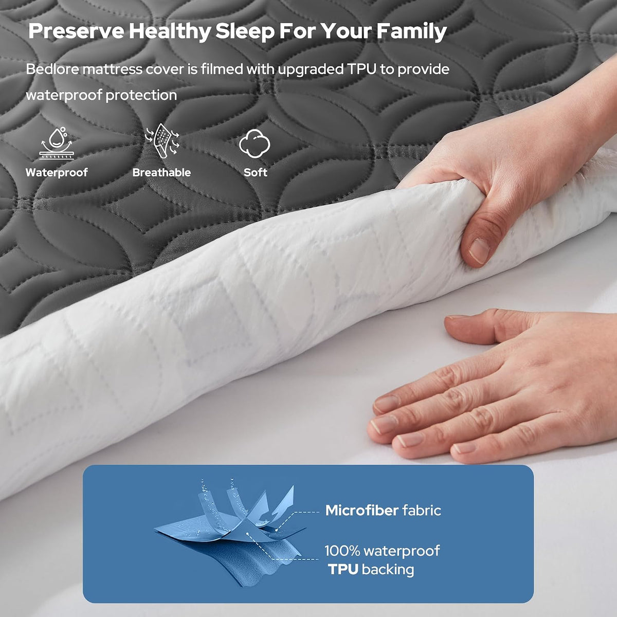 Protège-matelas imperméable BEDLORE, taille King | Bonnets profonds adaptés aux matelas de 15 à 46 cm (6 à 18 pouces), housse douce, silencieuse et résistante aux salissures, lavable (pour maison, chambre, hôtel) – Gris