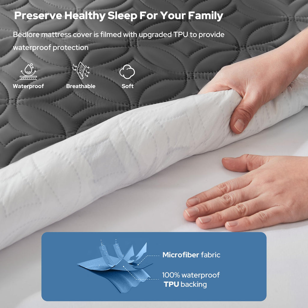 Protège-matelas imperméable BEDLORE, taille King | Bonnets profonds adaptés aux matelas de 15 à 46 cm (6 à 18 pouces), housse douce, silencieuse et résistante aux salissures, lavable (pour maison, chambre, hôtel) – Gris