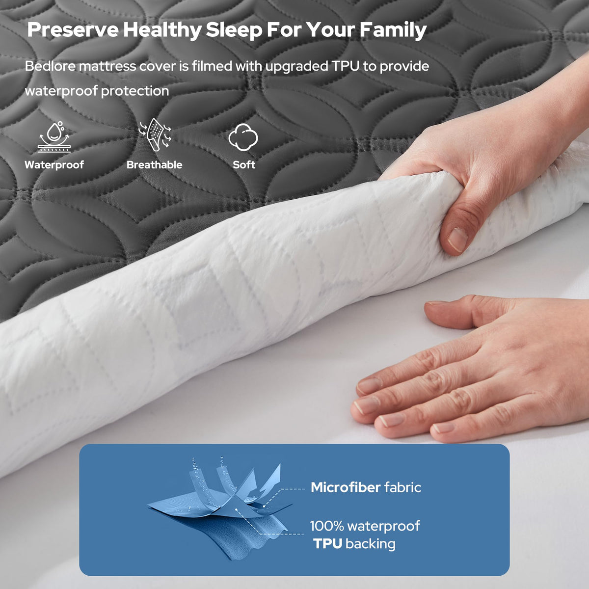 Protège-matelas imperméable BEDLORE, taille King | Bonnets profonds adaptés aux matelas de 15 à 46 cm (6 à 18 pouces), housse douce, silencieuse et résistante aux salissures, lavable (pour maison, chambre, hôtel) – Gris