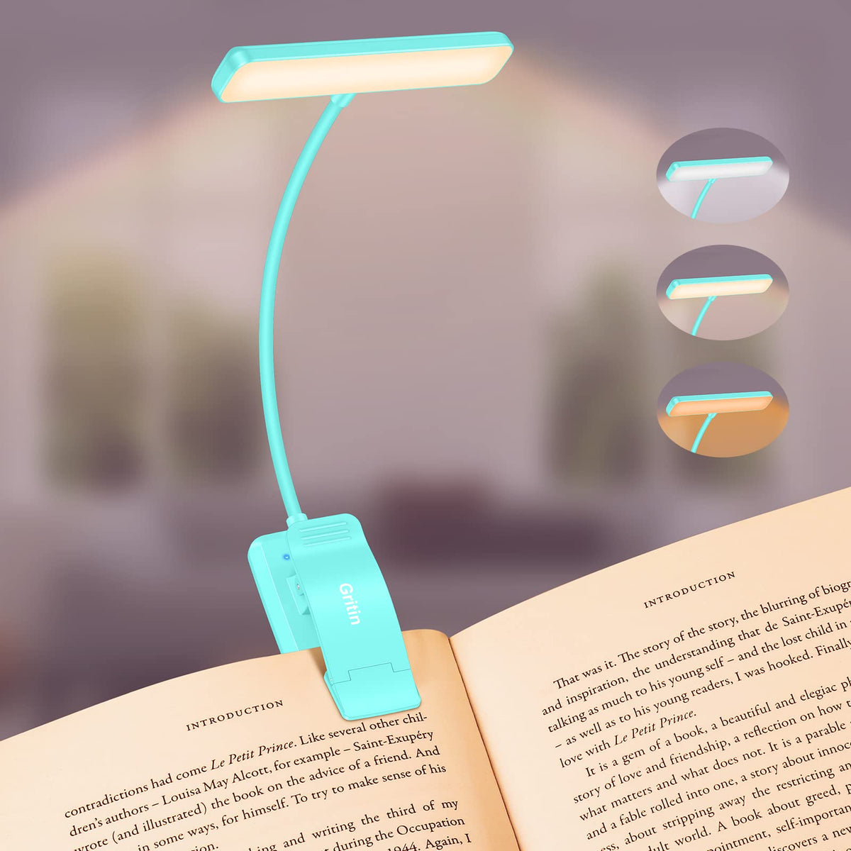 Gritin Lampe de Lecture 19LED Liseuse Clip Rechargeable Protection des Yeux | Gradation en Continu &3 Couleurs (Ambre/Blanc/Mixte), 360°Cou Flexible, Longue Durée, Légère&Portable pour Lire au Lit