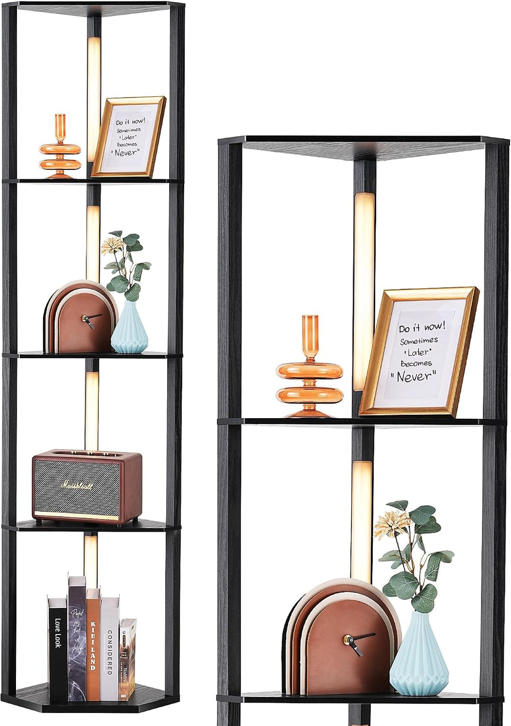EDISHINE Lampadaire avec Étagère pour Salon, LED Dimmable, Noir | 3 Températures de Couleur, Lampadaire LED avec Tige Pivotante à 360°, Interrupteur au Pied, Étagère d’Angle Éclairée