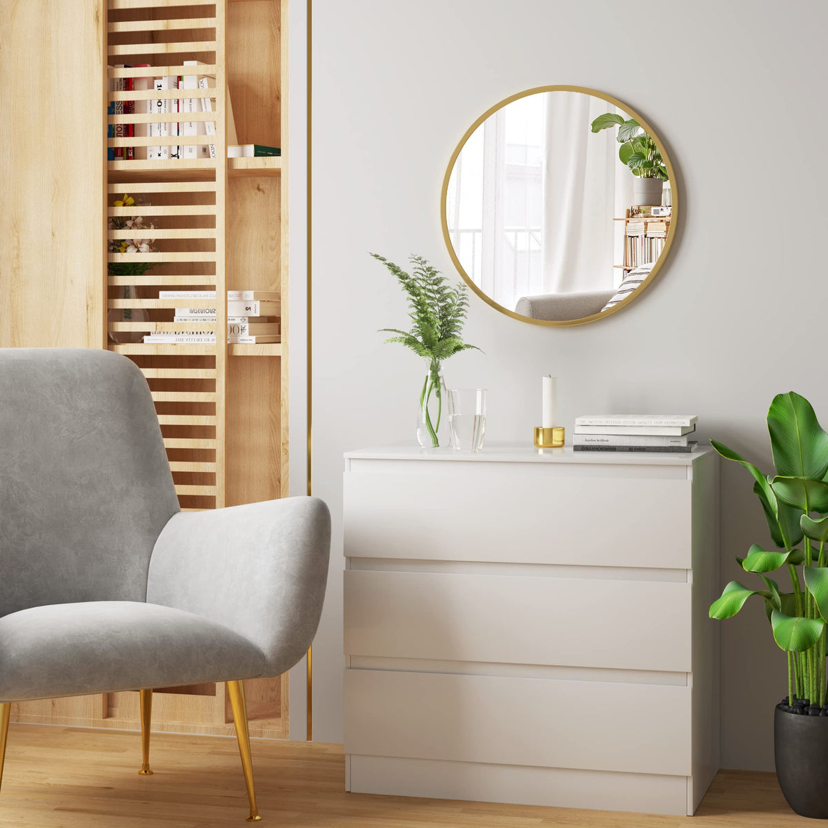 WOLTU Miroir Mural Rond, Miroir Salle de Bain, Ø50 cm, Doré | Cadre en Métal, Miroir Rond Décoratif pour Entrée, Chambre, Maquillage, Couloir, Moderne
