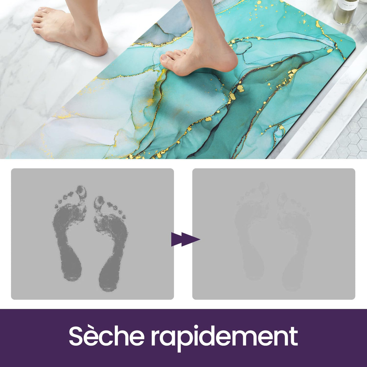 DEXI Tapis de Bain Antidérapant Ultra Mince 40x60cm Noir | Super Absorbant, Sèche Rapide, Motif Marbre Moderne, Facile à Nettoyer, pour Salle de Bain, Baignoire et Douche