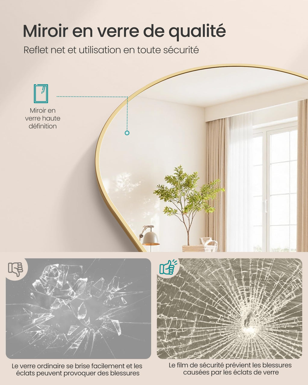 SONGMICS Miroir Intégral, 160 x 50 cm, Miroir Arqué sur Pied, à Poser au Sol, Cadre en Alliage d’Aluminium, Verre Trempé, pour Chambre, Salon, Dressing, Noir d'encre LFM031B01 | Cadre en alliage d'aluminium pour chambre à coucher, salon, vestiaire, noir m