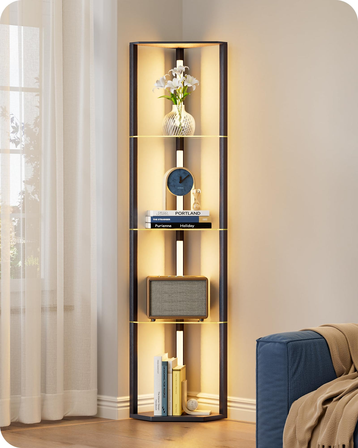 EDISHINE Lampadaire avec Étagère pour Salon, LED Dimmable, Noir | 3 Températures de Couleur, Lampadaire LED avec Tige Pivotante à 360°, Interrupteur au Pied, Étagère d’Angle Éclairée