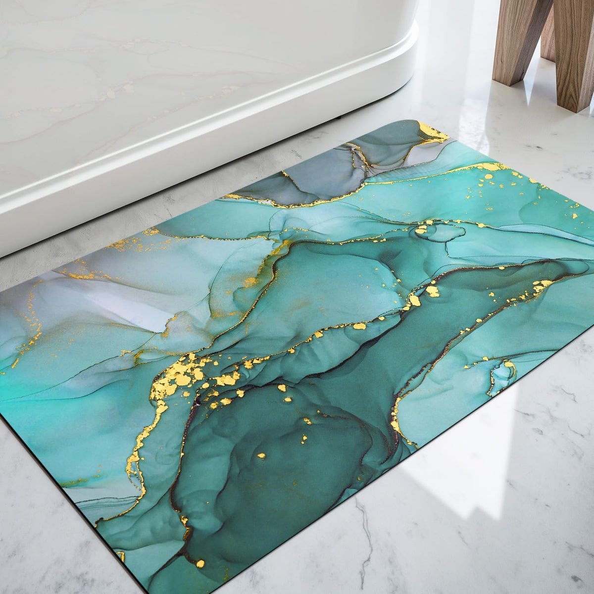 DEXI Tapis de Bain Antidérapant Ultra Mince 40x60cm Noir | Super Absorbant, Sèche Rapide, Motif Marbre Moderne, Facile à Nettoyer, pour Salle de Bain, Baignoire et Douche