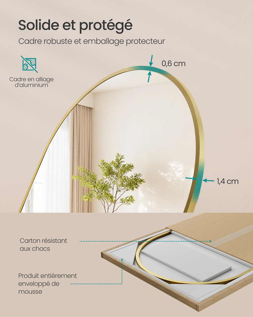 SONGMICS Miroir Intégral, 160 x 50 cm, Miroir Arqué sur Pied, à Poser au Sol, Cadre en Alliage d’Aluminium, Verre Trempé, pour Chambre, Salon, Dressing, Noir d'encre LFM031B01 | Cadre en alliage d'aluminium pour chambre à coucher, salon, vestiaire, noir m