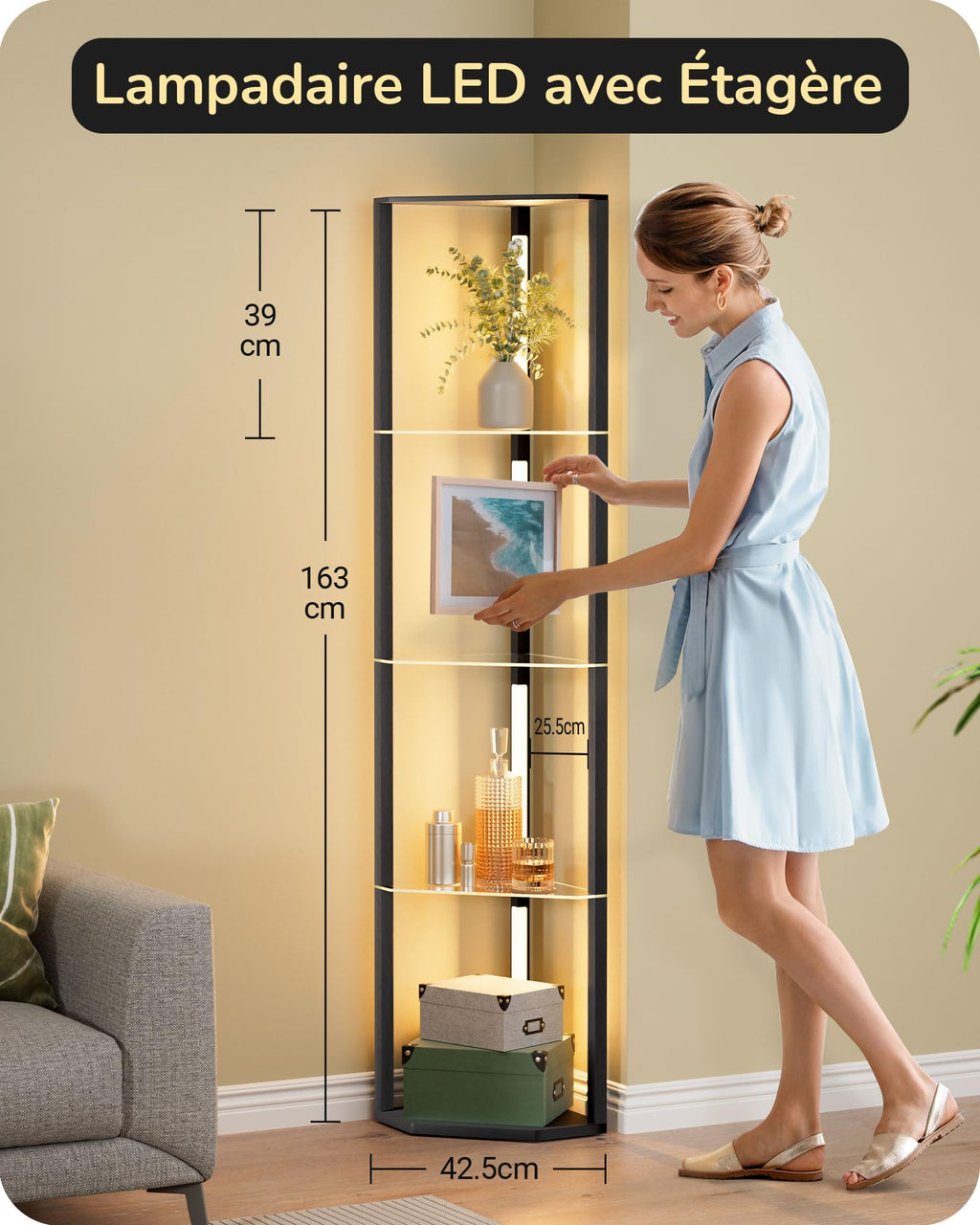 EDISHINE Lampadaire avec Étagère pour Salon, LED Dimmable, Noir | 3 Températures de Couleur, Lampadaire LED avec Tige Pivotante à 360°, Interrupteur au Pied, Étagère d’Angle Éclairée