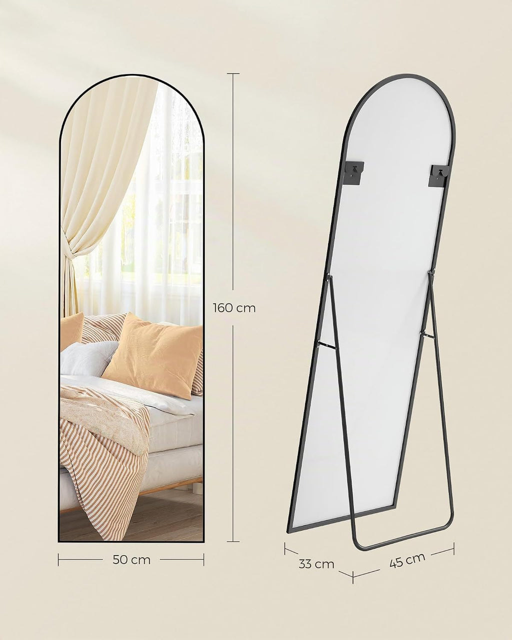 SONGMICS Miroir Intégral, 160 x 50 cm, Miroir Arqué sur Pied, à Poser au Sol, Cadre en Alliage d’Aluminium, Verre Trempé, pour Chambre, Salon, Dressing, Noir d'encre LFM031B01 | Cadre en alliage d'aluminium pour chambre à coucher, salon, vestiaire, noir m