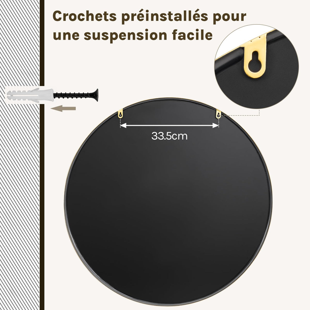 WOLTU Miroir Mural Rond, Miroir Salle de Bain, Ø50 cm, Doré | Cadre en Métal, Miroir Rond Décoratif pour Entrée, Chambre, Maquillage, Couloir, Moderne