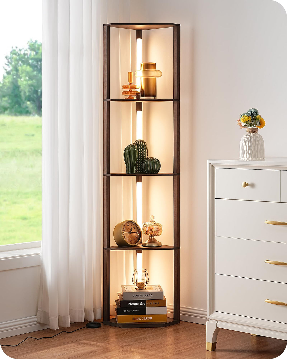 EDISHINE Lampadaire avec Étagère pour Salon, LED Dimmable, Noir | 3 Températures de Couleur, Lampadaire LED avec Tige Pivotante à 360°, Interrupteur au Pied, Étagère d’Angle Éclairée