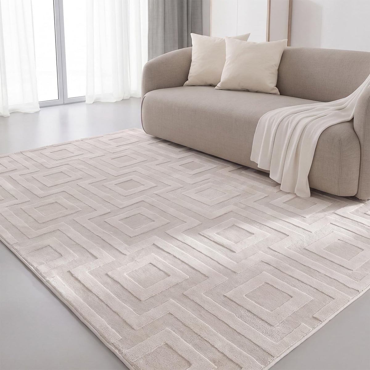 Interiyou Tapis Salon à Poils Courts Cannes - 120x170 Crème - Motif bohème scandinave avec Effet 3D - Plat et géométrique - Poil Ras pour Chambre, Couloir, Bureau