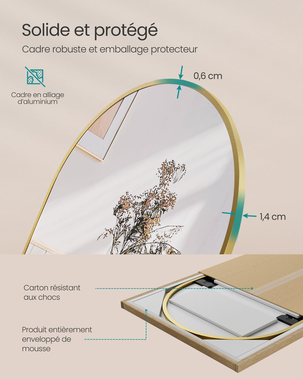 SONGMICS Miroir Intégral, 160 x 50 cm, Miroir Arqué sur Pied, à Poser au Sol, Cadre en Alliage d’Aluminium, Verre Trempé, pour Chambre, Salon, Dressing, Noir d'encre LFM031B01 | Cadre en alliage d'aluminium pour chambre à coucher, salon, vestiaire, noir m