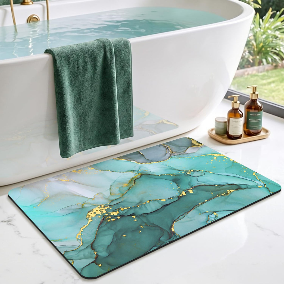 DEXI Tapis de Bain Antidérapant Ultra Mince 40x60cm Noir | Super Absorbant, Sèche Rapide, Motif Marbre Moderne, Facile à Nettoyer, pour Salle de Bain, Baignoire et Douche
