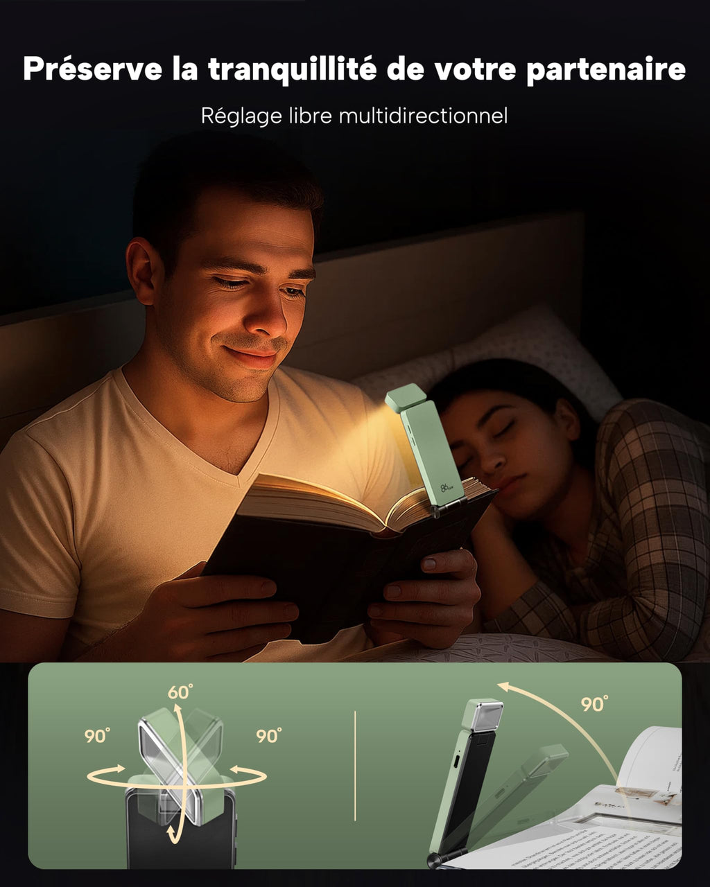 86lux Lampe de Lecture Rechargeable Liseuse LED USB-C, Vert | Lampe à Pince Marque-Page avec 3 Températures de Couleur, Jusqu'à 80H d'Autonomie