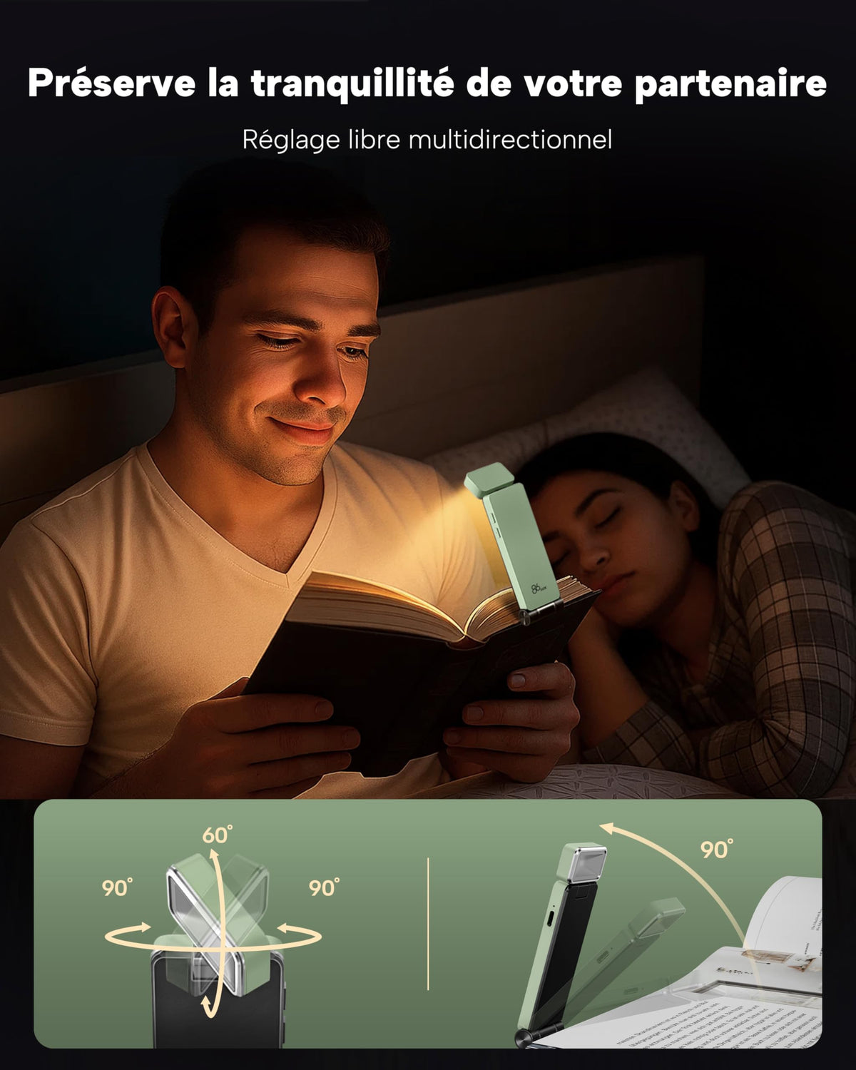86lux Lampe de Lecture Rechargeable Liseuse LED USB-C, Vert | Lampe à Pince Marque-Page avec 3 Températures de Couleur, Jusqu'à 80H d'Autonomie