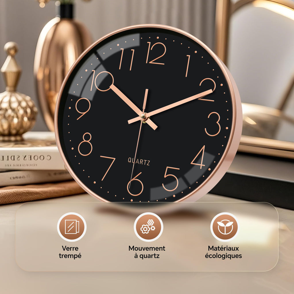 VIKMARI Horloge Murale 20 cm Moderne, Silencieuse, Or Rose, Cuisine, Salon | Décoration cuisine, horloge design moderne, grands chiffres 3D, silencieuse sans tic-tac, idéale pour salon et chambre