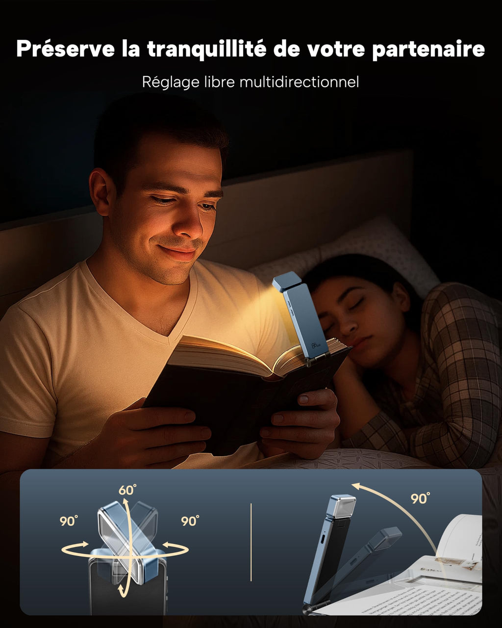 86lux Lampe de Lecture Rechargeable Liseuse LED USB-C, Vert | Lampe à Pince Marque-Page avec 3 Températures de Couleur, Jusqu'à 80H d'Autonomie