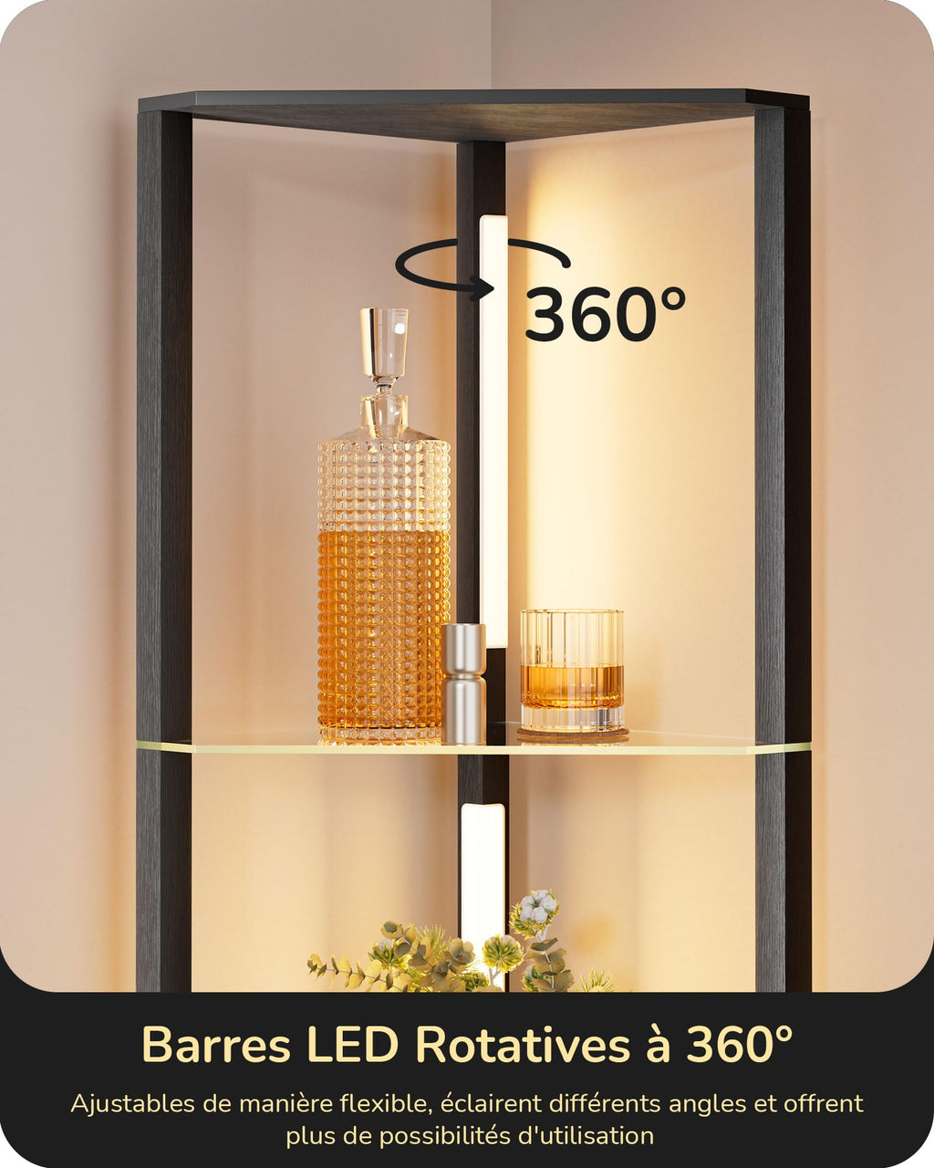 EDISHINE Lampadaire avec Étagère pour Salon, LED Dimmable, Noir | 3 Températures de Couleur, Lampadaire LED avec Tige Pivotante à 360°, Interrupteur au Pied, Étagère d’Angle Éclairée