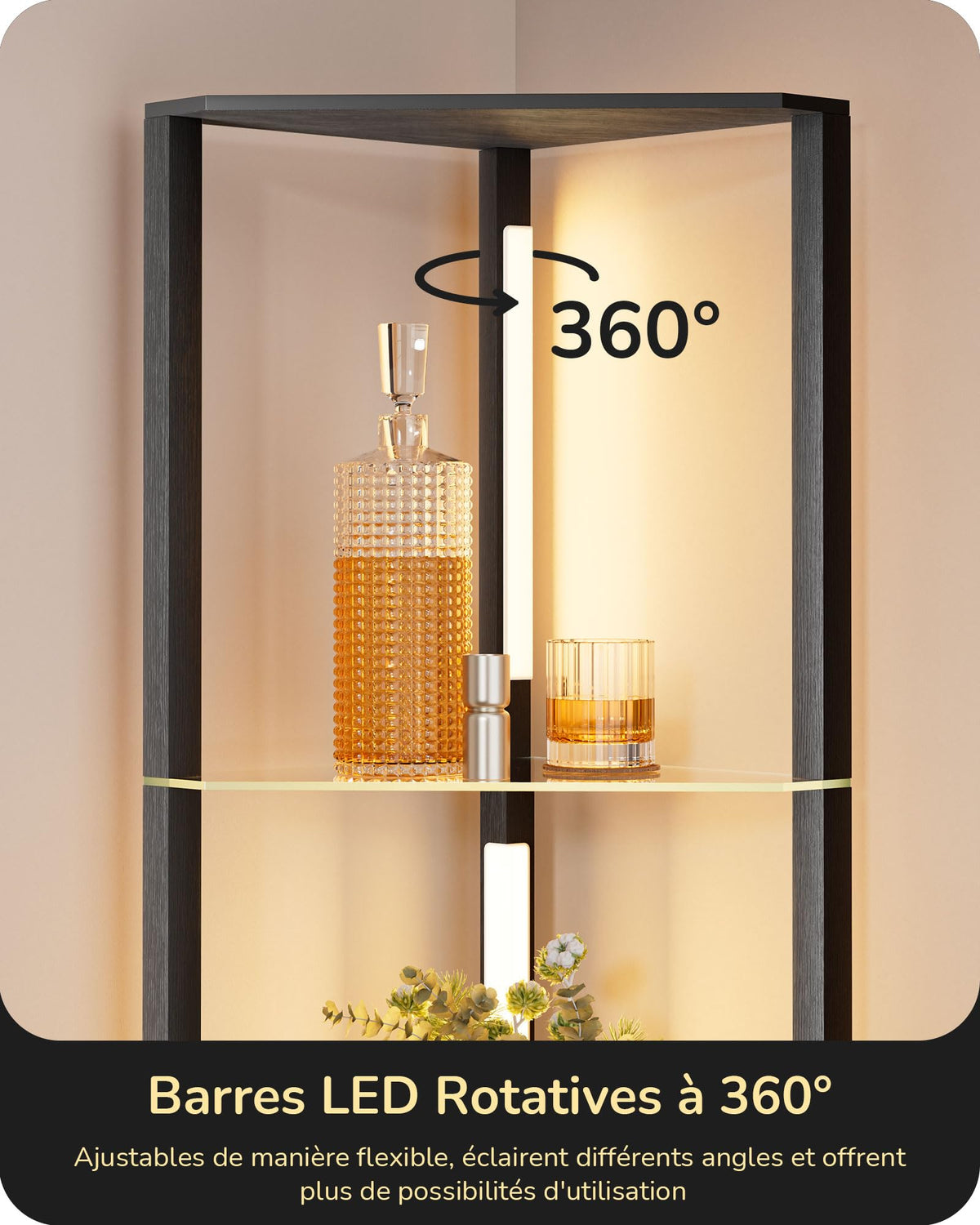 EDISHINE Lampadaire avec Étagère pour Salon, LED Dimmable, Noir | 3 Températures de Couleur, Lampadaire LED avec Tige Pivotante à 360°, Interrupteur au Pied, Étagère d’Angle Éclairée