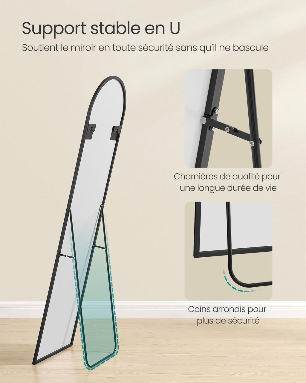 SONGMICS Miroir Intégral, 160 x 50 cm, Miroir Arqué sur Pied, à Poser au Sol, Cadre en Alliage d’Aluminium, Verre Trempé, pour Chambre, Salon, Dressing, Noir d'encre LFM031B01 | Cadre en alliage d'aluminium pour chambre à coucher, salon, vestiaire, noir m